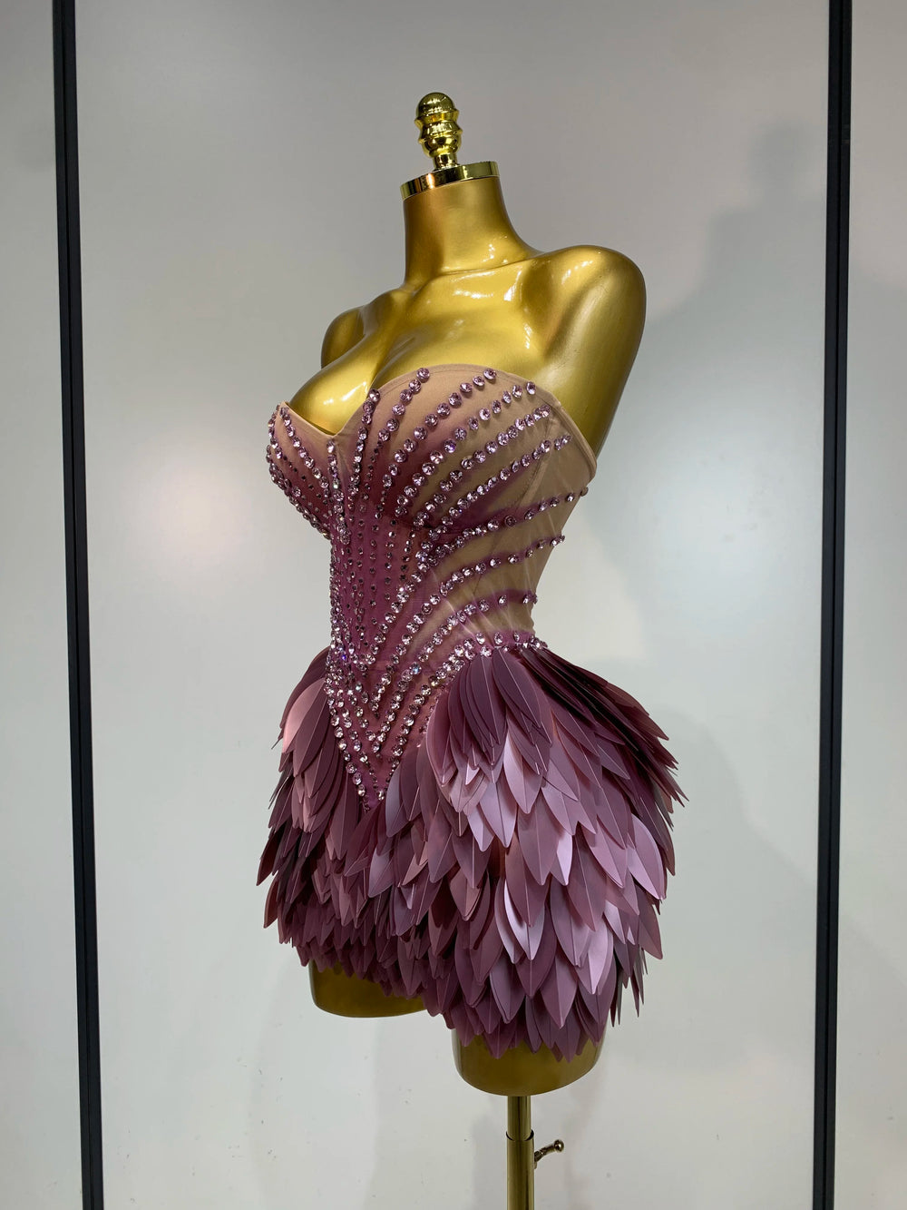 Strapless beaded feather mini dress side view