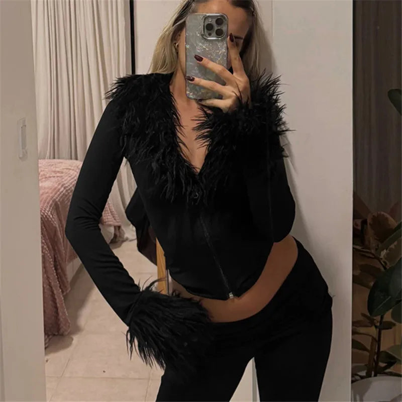 Faux fur trimmed cropped jacket with V-neck and zip front