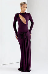 Draped Ruched Front Hollow Out Long Sleeve Maxi Dress