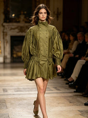 Olive green lantern sleeve mini dress detail