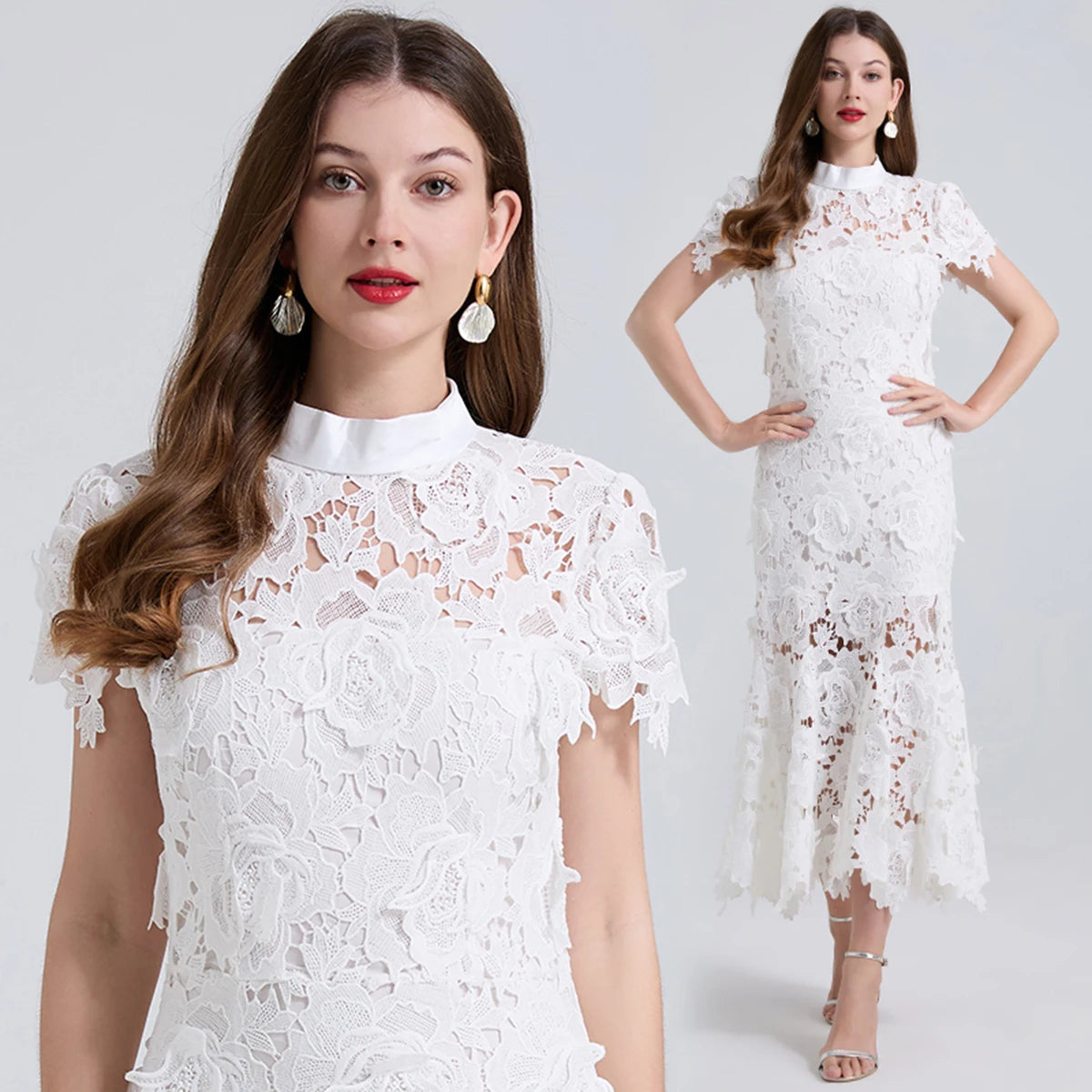 Woman wearing a white lace dress on a plain background