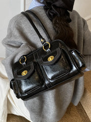 Microfiber Leather Vintage Pocket Satchel – Black & Burgundy