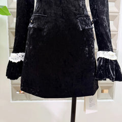 Black Long Sleeve Velvet Ruffled Lace Mini Dress