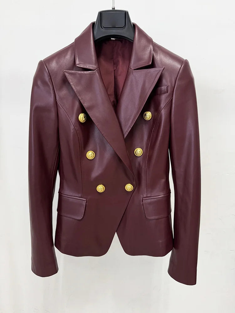 Double breasted leather blazer on hanger