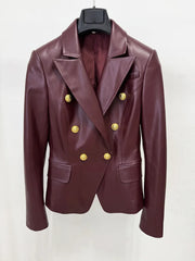 Double breasted leather blazer on hanger