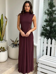 Mock neck draped maxi dress in burgundy