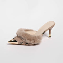 Faux Fur Trim Pointed Heel Mules