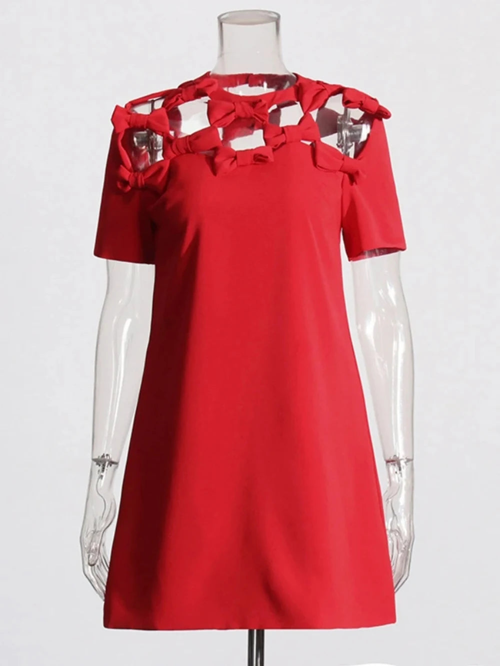 Splicing Bow A-line Red Short Sleeved Mini Dress
