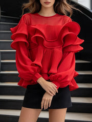 Ruffled lantern sleeve sheer red blouse front view
