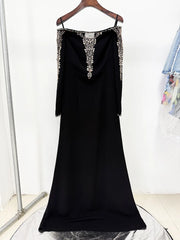 Beaded Mesh Neckline Long Sleeve Maxi Dress