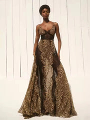Leopard print lace maxi dress with V-neckline and spaghetti straps displayed on a model.