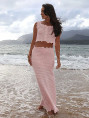 Scalloped Edge Knit Crop Top & Maxi Skirt Two-Piece Set