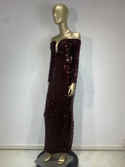 Burgundy Off Shoulder Mesh Sequin Maxi Gown