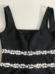 Black Square Neck Pearl Embellished Midi Dress