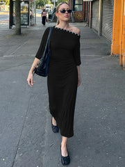 Diagonal Collar Ruched Bodycon Maxi Dress with Metallic Stud Detail