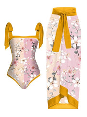 Floral Print Tie-Strap Bikini and Sarong Set