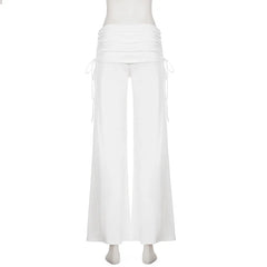 Solid Fold Over Waist Wide Leg Pants