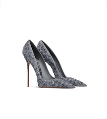 Gray Floral Lace Pointed Heels | Elegant Lace Stiletto Party Pumps