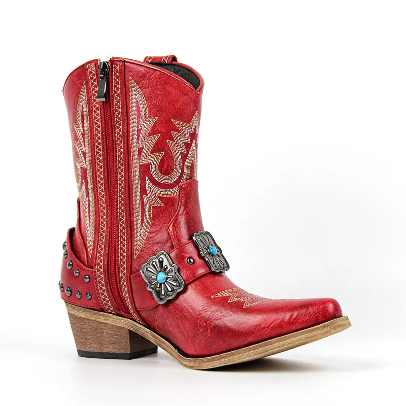 Red western ankle boots with pointed toe and metal buckle accent