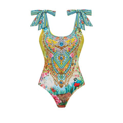 Yellow Print Ruffle Strap Swimwear Set