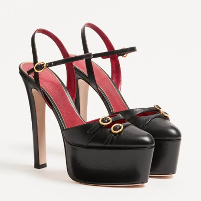 Black platform buckle strap stiletto sandals