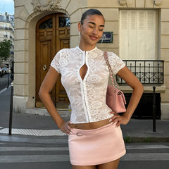 Cropped lace zip-front top with short sleeves