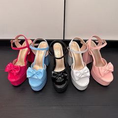 Patent Bow Platform Block Heel Sandals
