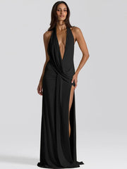 Halter Deep V-Neck Draped Maxi Dress
