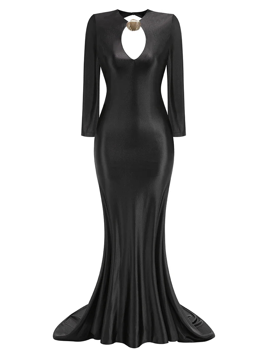 Black evening gown with long sleeves