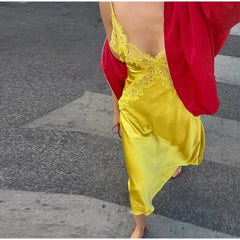 Satin Slip Lace Trim Straps V-neck Long Dress