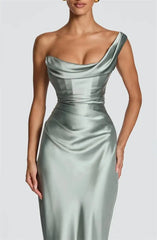 Satin Bodycon One Shoulder Cowl Neck Maxi Dress