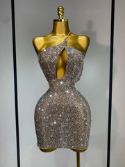 Diagonal collar cut-out crystal mesh mini dress front view