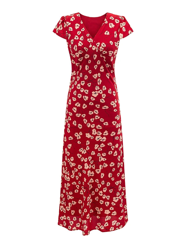 V-neck short sleeve A-line maxi dress front product view