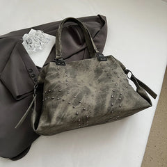 Grey studded PU leather shoulder bag