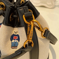 Embroidered Bear Canvas Drawstring Bucket Bag