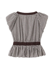 Black and white checkered top with a brown belt on a white background
