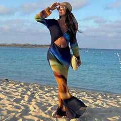 Mesh Tie Dye Long Sleeve Twisted Maxi Dress