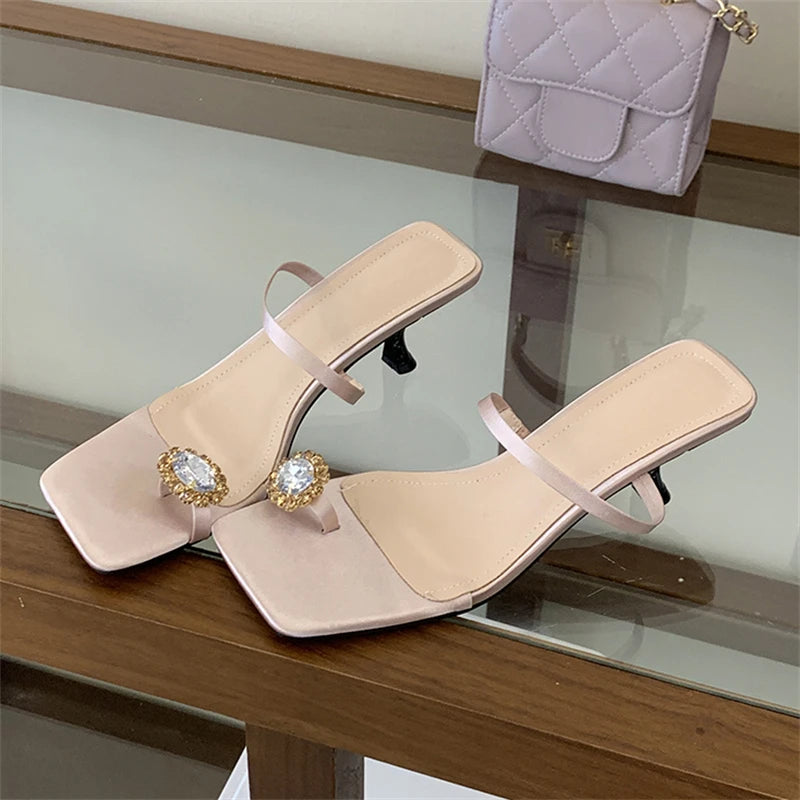 Apricot crystal embellished square toe flip flops
