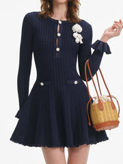 Knit Flower Appliqué Long Sleeve Mini Dress