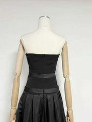 Black Strapless Bow Detail Pleated Maxi Dress