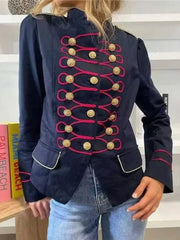 Close-up of the button and trim detail on a military jacket