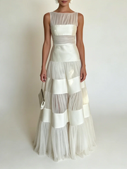 O-neck sleeveless maxi dress with mesh and satin panels