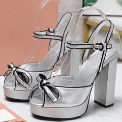 Platform Bow Strap Square Heels