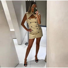 Cap Sleeve Buttoned Stand Collar Mini Dress
