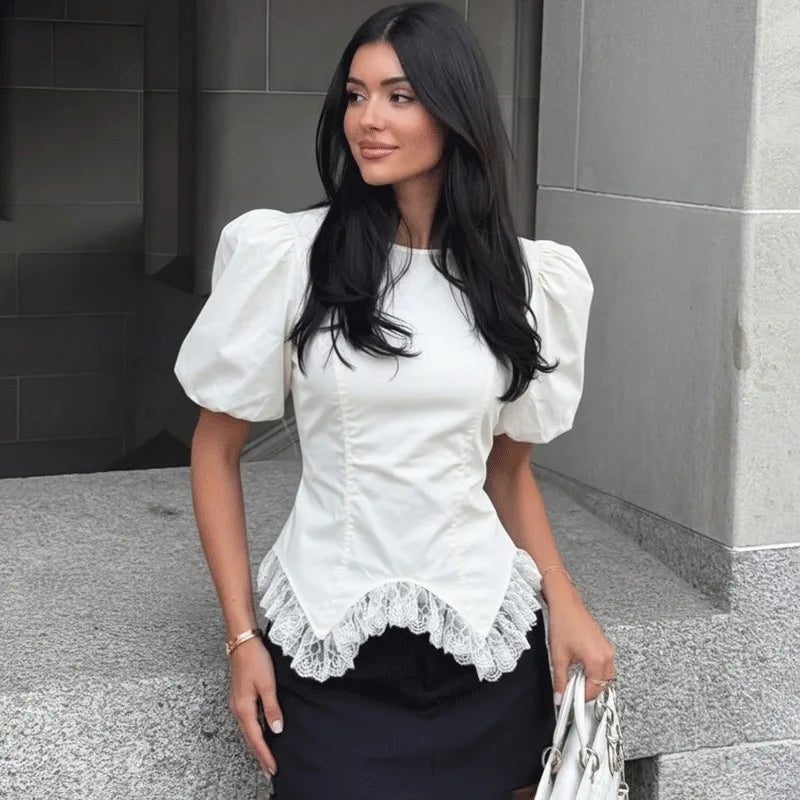 White puff sleeve lace trim peplum top