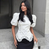 White puff sleeve lace trim peplum top