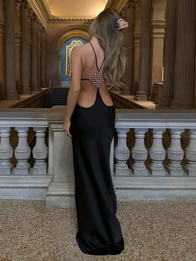 Halter Neck Backless Diamond Buckle Gown