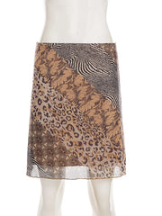 Leopard Patchwork Printed Mesh Midi Skirt