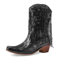 Black sequin cowboy boot with fringes on a white background