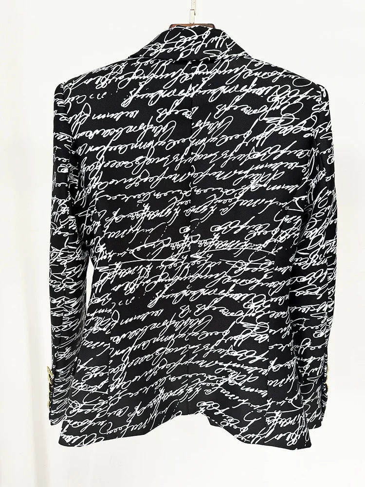 Back view of the love letter print double-breasted blazer.